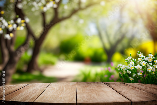 Wooden table in garden of spring time blurred background