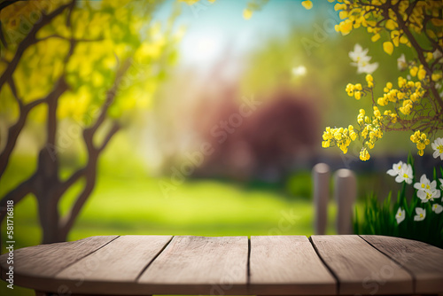 Wooden table in garden of spring time blurred background