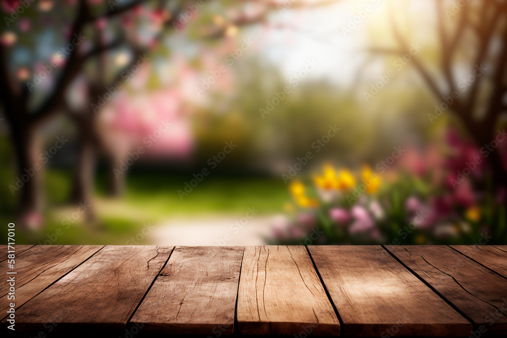 Wooden table in garden of spring time blurred background Wooden table in garden of spring time blurred background