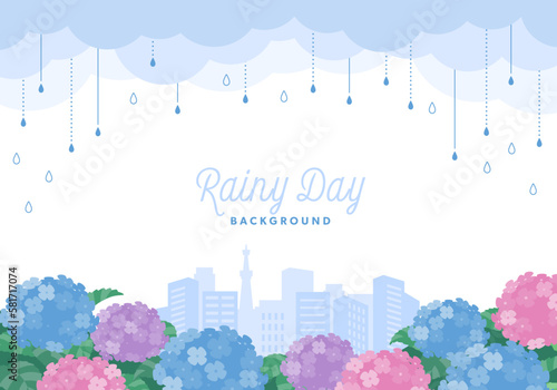 Canvas-taulu 雨の降る街と紫陽花の風景