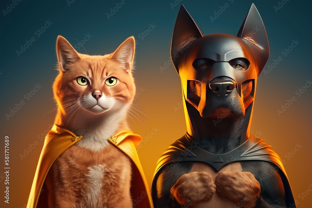 Superpet Cat and Dog as superheroes with cape on orange background. Created Generative Ai Superpet Cat and Dog as superheroes with cape on orange background. Created Generative Ai