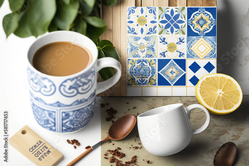 mockup of coffee cup and cooking tools table Portugal, Spain Azulejo-tiled eco-style home background. menu/text space. food brand model. Generative AI