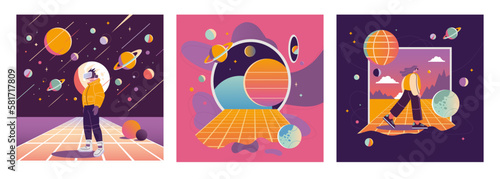 Concept of virtual reality technology, digital metaverse set, cartoon style. Character in VR glasses on Background with  space, planets and stars. Trendy vector illustration, hand drawn, flat