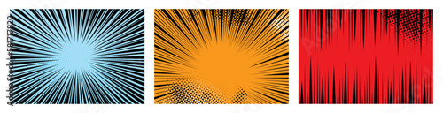 Comic book speed lines set, explosion effect. Abstract radial zoom speed light, motion background set. Mega speed frames. Vector illustration on white background