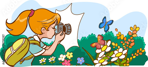 photographer young girl and butterfly cartoon vector