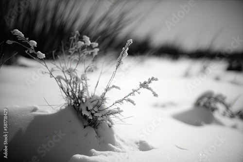 Fuzzy and noisy black and white film photography of the winter. thin plants trudging across snowdrifts. vegetation in the snow. Generative AI