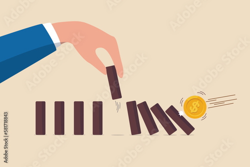 Stop loss or effort to avoid market crash or banking collapse, economic recession, problem prevention, help or rescue concept, businessman hand stop domino effect or financial chain reaction collapse.