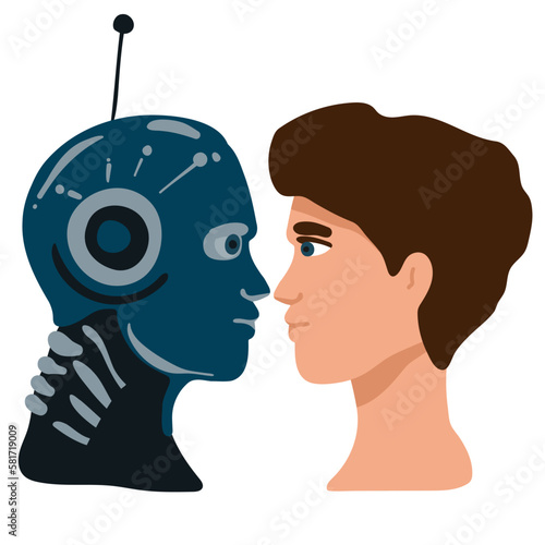 Vector cartoon style illustration of human vs robot confrontation arm wrestling. Modern technology concept.
