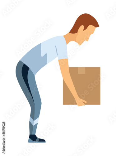 Lifting technique safe movement. Safety. Incorrect instruction for moving heavy packages for workers. Ergonomic movement for loading objects vector flat illustration