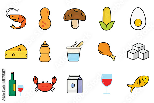 Food allergen icon set illustration. Two tone Fla icon style, lineal color. Simple vector design editable