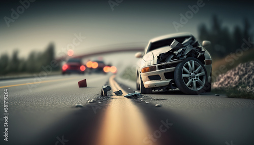 Illustration of car crash road accident. Outdoor city background. AI generative image. © vlntn