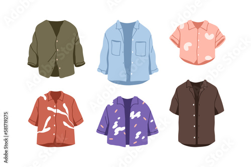 Women blouses and shirts set. Casual summer garment. Female apparel in modern style. Fashion top clothes with button closure of different designs. Flat vector illustration isolated on white background