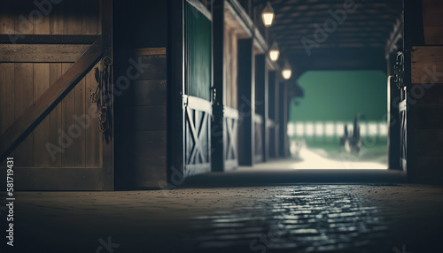 Illustration of horse stable interior. Indoor background with copy space. AI generative image.