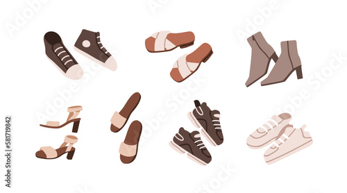 Female fashion shoes set. Casual autumn boots, sport sneakers, trainers, summer slippers, heeled sandal. Different types of modern women footwear. Flat vector illustration isolated on white background