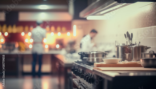 Professional restaurant kitchen with blurred cook on backdrop. Indoor background. AI generative image.