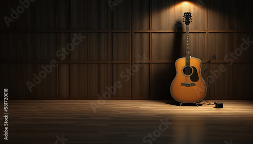 Abstract music rehearsal base with guitar and other equipment. Indoor background. AI generative image. photo