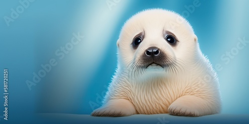 Adorable and cute white baby harp seal pup on abstract blue background. Horizontal banner with copy space. AI generative image.
