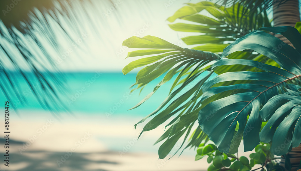 Beautiful summer time banner with tropical palm tree leaves and blurred ocean sandy coast, beach background. Banner with copy space on outdoor backdrop. AI generative image.