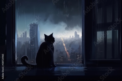 A black cat is perched on a windowsill, gazing at the thriving city below. Generative AI