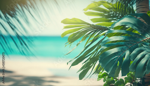 Beautiful summer time banner with tropical palm tree leaves and blurred ocean sandy coast  beach background. Banner with copy space on outdoor backdrop. AI generative image.