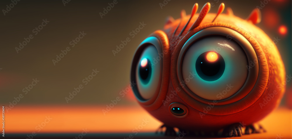 Cute video games character looking like a furry monster with big glossy eyes. Colorful lights and cartoon style. Generative ai