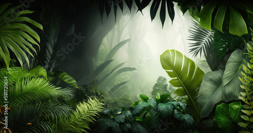 Beautiful different tropical leaves on blurred jungle background with copy space. Rainforest outdoor backdrop with place for text. AI generative image.