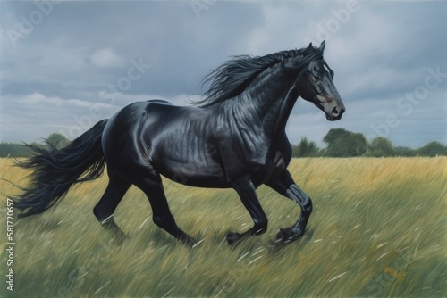 A black horse is captured in motion from the front while running freely in a field in this photograph. Generative AI © INORTON