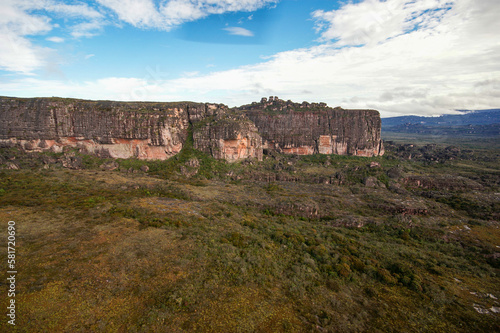 Sandstone rock cliffs on the plateau of Auyan tepui, table mountain in Venezuela