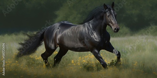 A black horse is captured in motion from the front while running freely in a field in this photograph. Generative AI