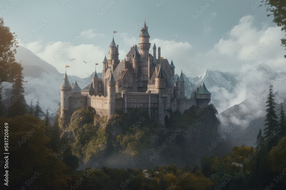 A castle stands amidst a dense forest of trees and bushes in the foreground. Generative AI