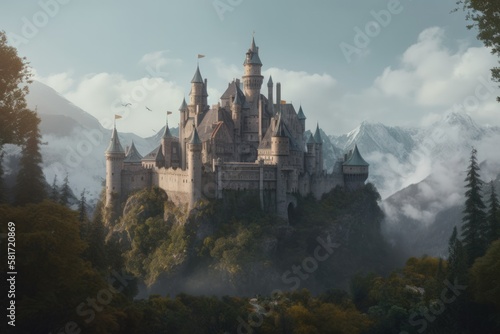 A castle stands amidst a dense forest of trees and bushes in the foreground. Generative AI © INORTON