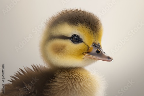 A sweet tiny duckling is depicted in a close up, solitary portrait on a white backdrop. Generative AI