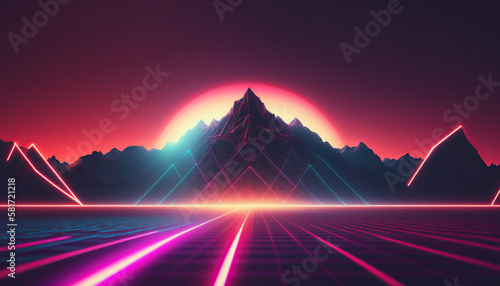 Trendy neon synth wave background with sunset sky  road and mountains  retro abstract background. Retro wave scene. AI generative image.