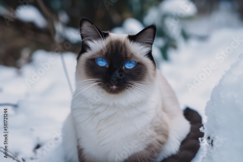 A white and fluffy cat with piercing blue eyes is sitting on the snowy ground. Generative AI