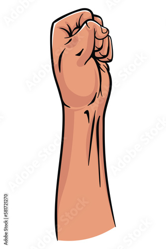 Rised fist hand gesture emblem. Vector hand clenched into fist and rising up, symbol isolated on white background. Power sign. Human hand up in the air
