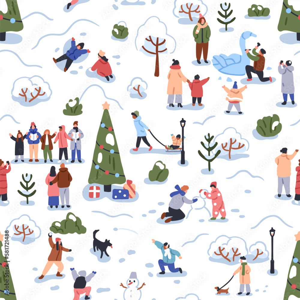 Seamless Christmas pattern, people during winter funs. Repeating print, snow nature, street with happy characters, families, kids at Christmas holiday time outdoors. Flat graphic vector illustration