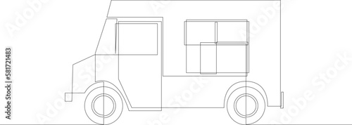 One continuous line drawing food truck. Vintage van fast food mobile cafe shop concept. Modern single line design graphic. Vector illustration.