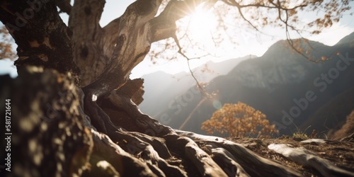 A close-up shot of a tree juxtaposed against a mountainous backdrop. Generative AI