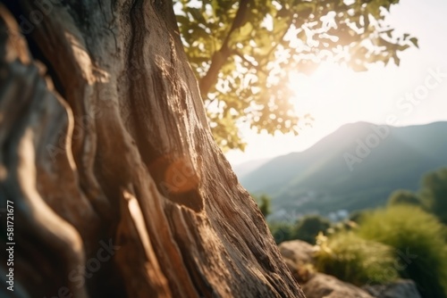 A close-up shot of a tree juxtaposed against a mountainous backdrop. Generative AI