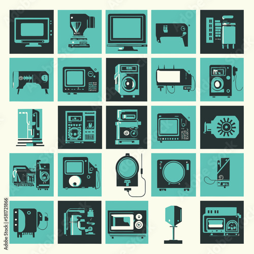 Retro futuristic tech icon set, vector