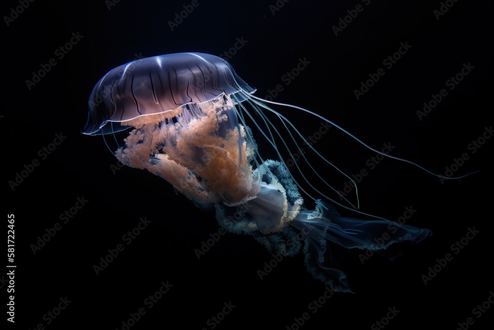 A dark and ethereal jellyfish is gracefully gliding through the deep blackness of its underwater habitat. Generative AI