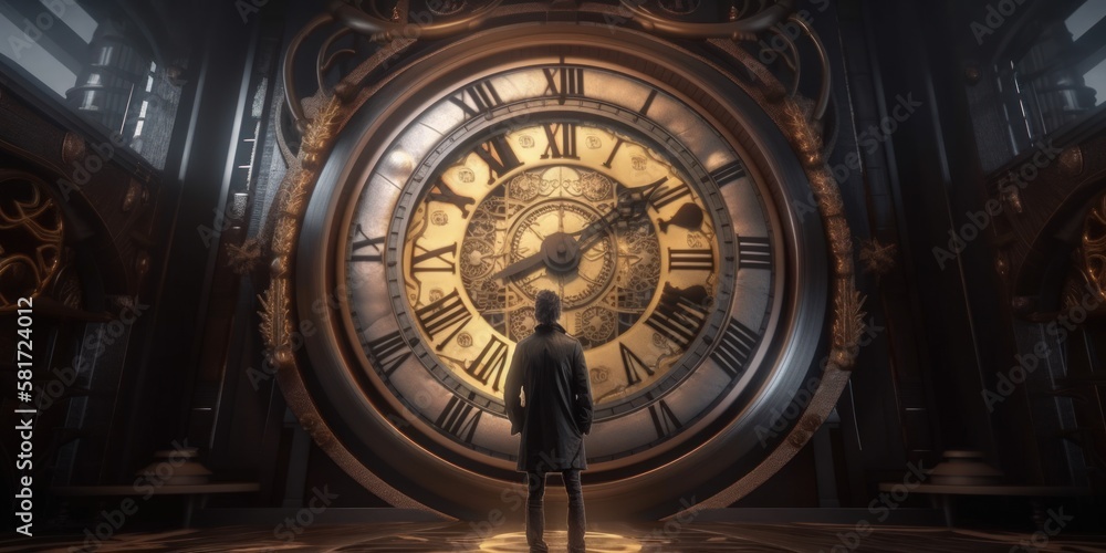 Man With A Lantern Standing In Front Of The Big Golden Clockwork Stock  Illustration - Download Image Now - iStock