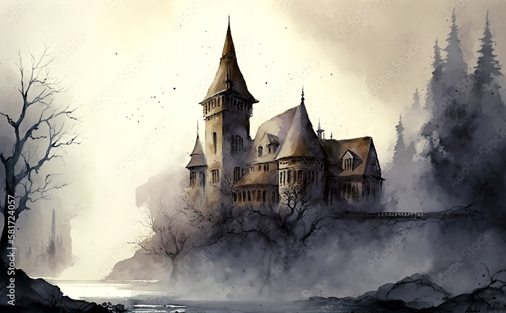 Old foggy castle in the forest illustration. Generative AI technology.