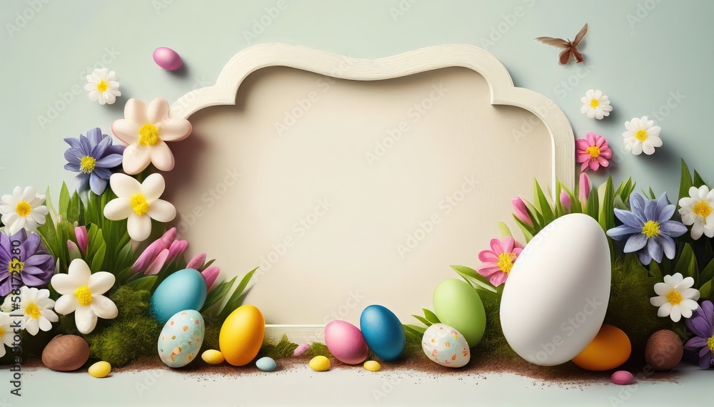 Easter frame decoration background with eggs and flowers Easter frame decoration background with eggs and flowers