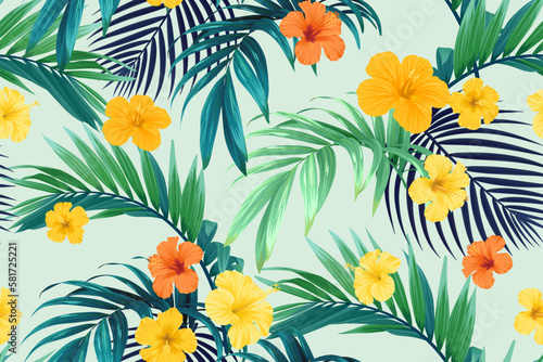 Tropical pattern with green palm leaves and hibiscus flowers. Summer bright vector background or textile illustration.