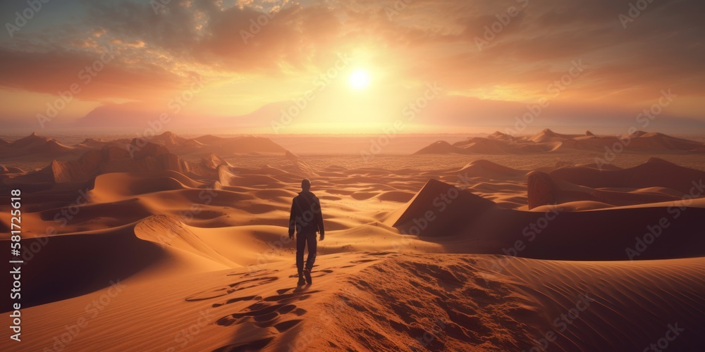 A man gracefully treads through a vast desert covered in golden sand during a breathtaking sunset. Generative AI