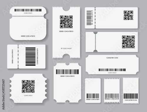 Empty tickets template. Set blank concert ticket, lottery coupons. Event coupon or cinema movie theater cards. Festival or circus paper empty flyers. Vector isolated illustration