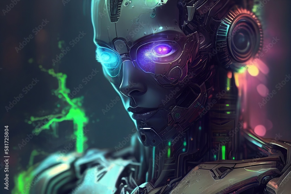 Portrait of Humanoid Cyborg: close up Illustration of a Metallic Robot. Generative AI. Portrait of Humanoid Cyborg: close up Illustration of a Metallic Robot. Generative AI.