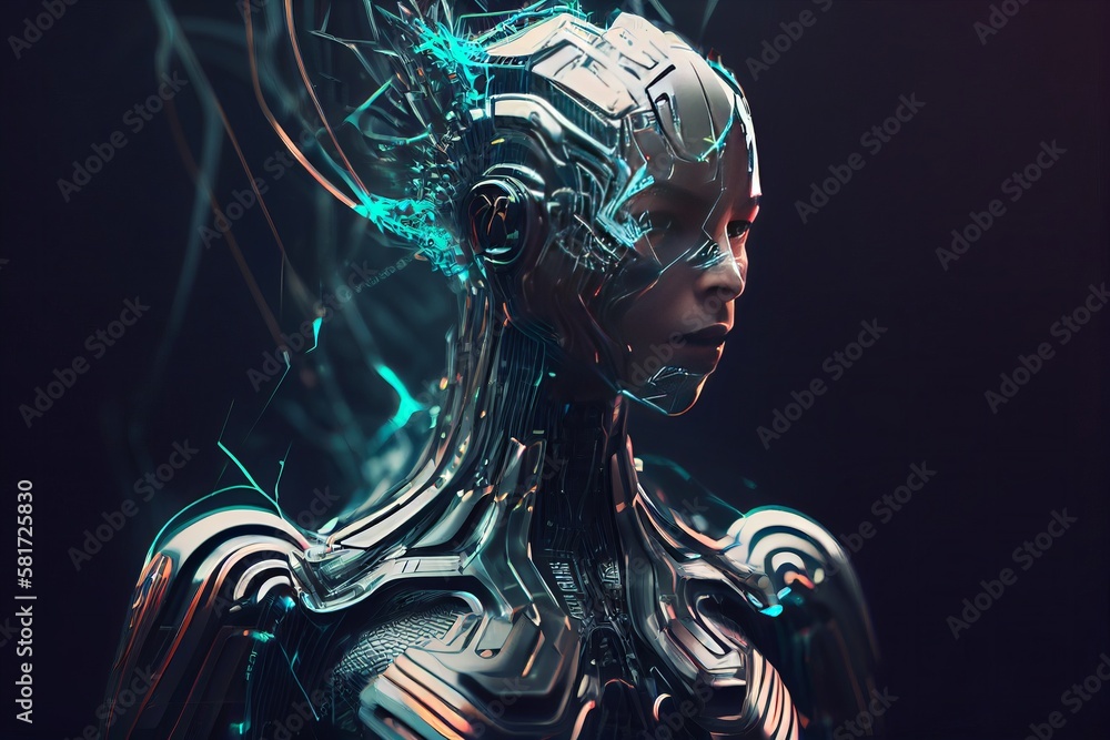 Portrait of half-robotic android, merging science and technology with human imagination, reflecting the concept of futuristic evolution. Generative AI.