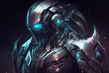 A futuristic art of a humanoid warrior robot made of metal with blue eyes, embodying advanced technology. Generative AI. 